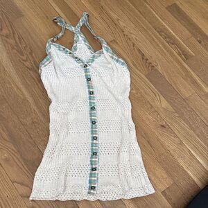 Free People Beige Crochet Halter Shirt with Plaid Accents